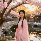 樱花季下的汉服少女:春日花园的粉色梦境