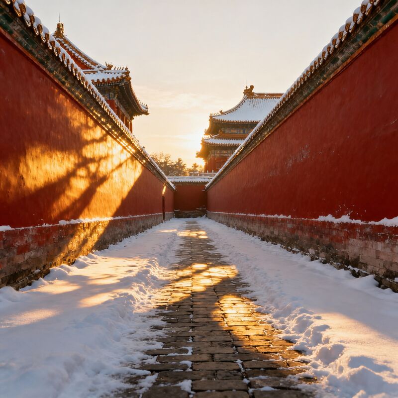 雪中故宫角楼夕阳